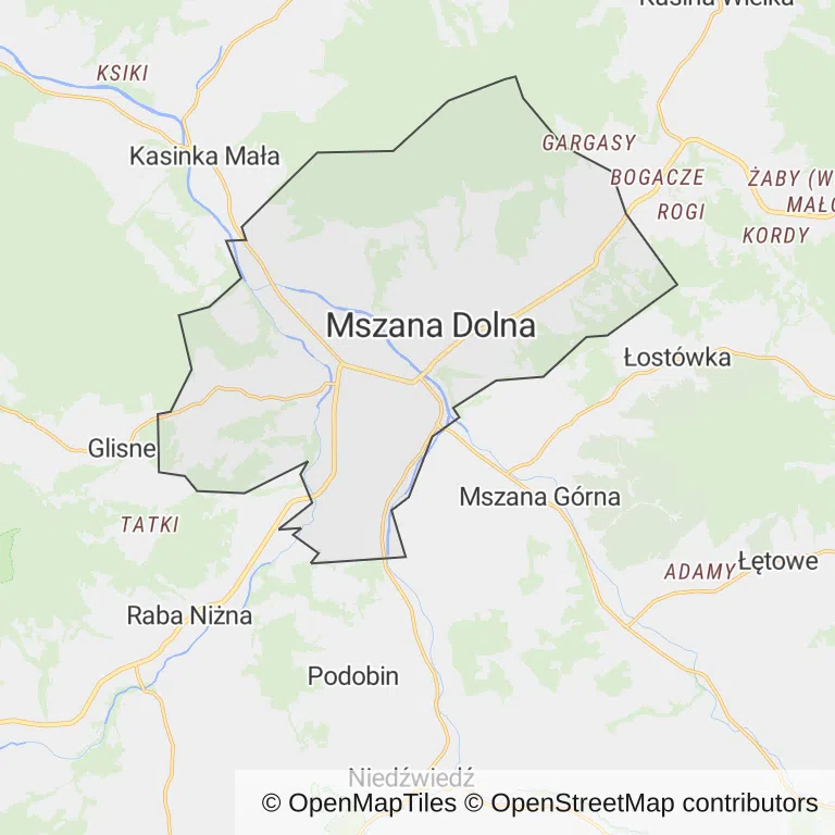 Mapa z zaznaczoną Mszanie Dolnej