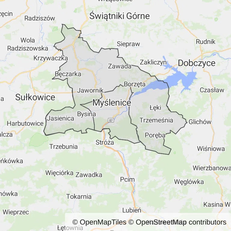 Mapa z zaznaczonymi Myślenicami