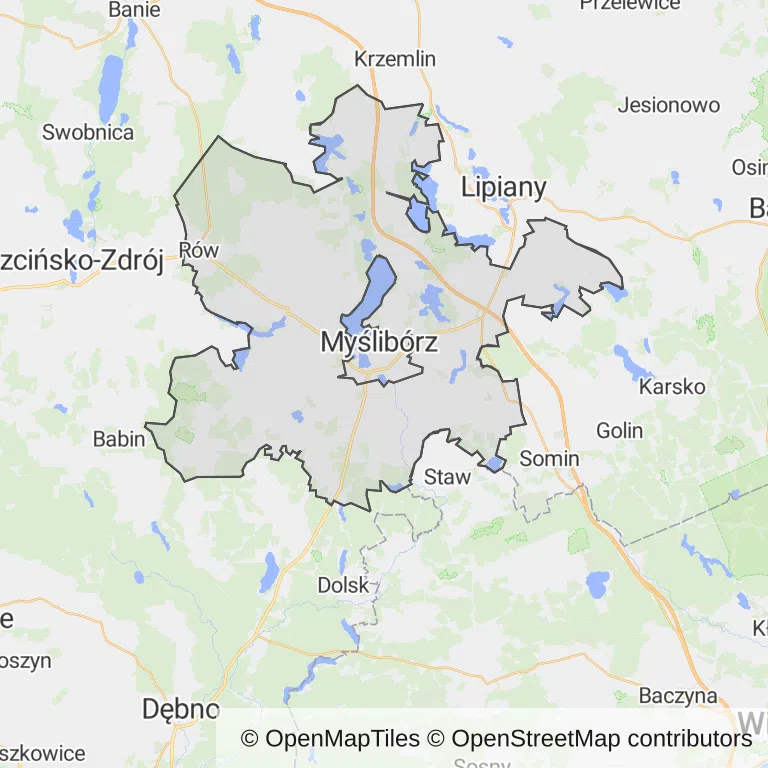 Mapa z zaznaczonym Myśliborzem