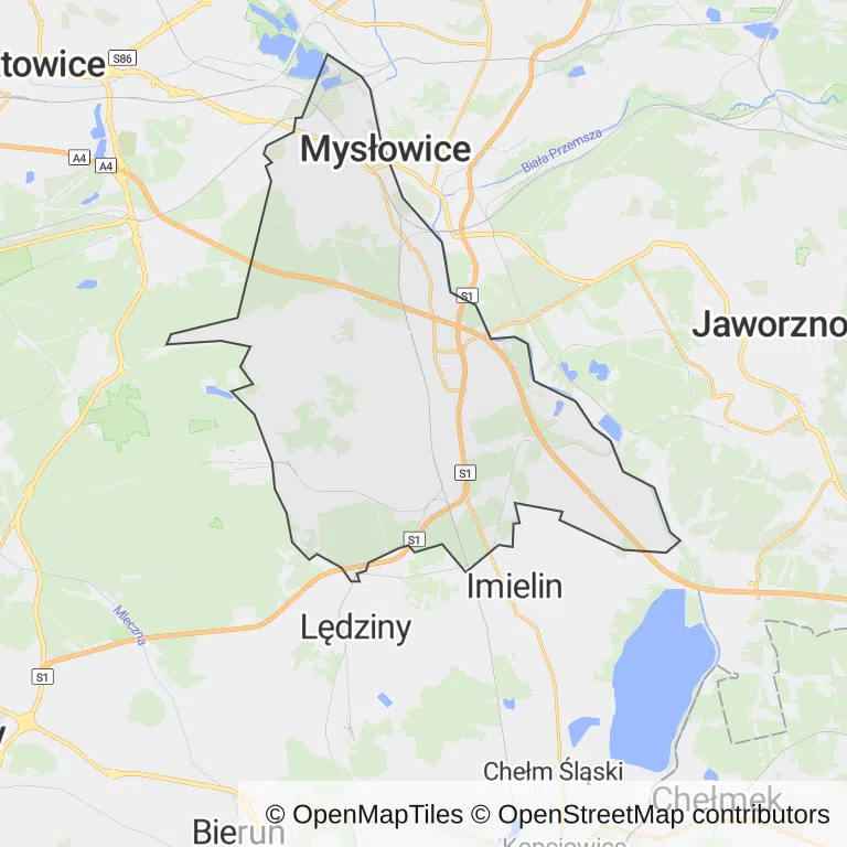 Mapa z zaznaczonymi Mysłowicami