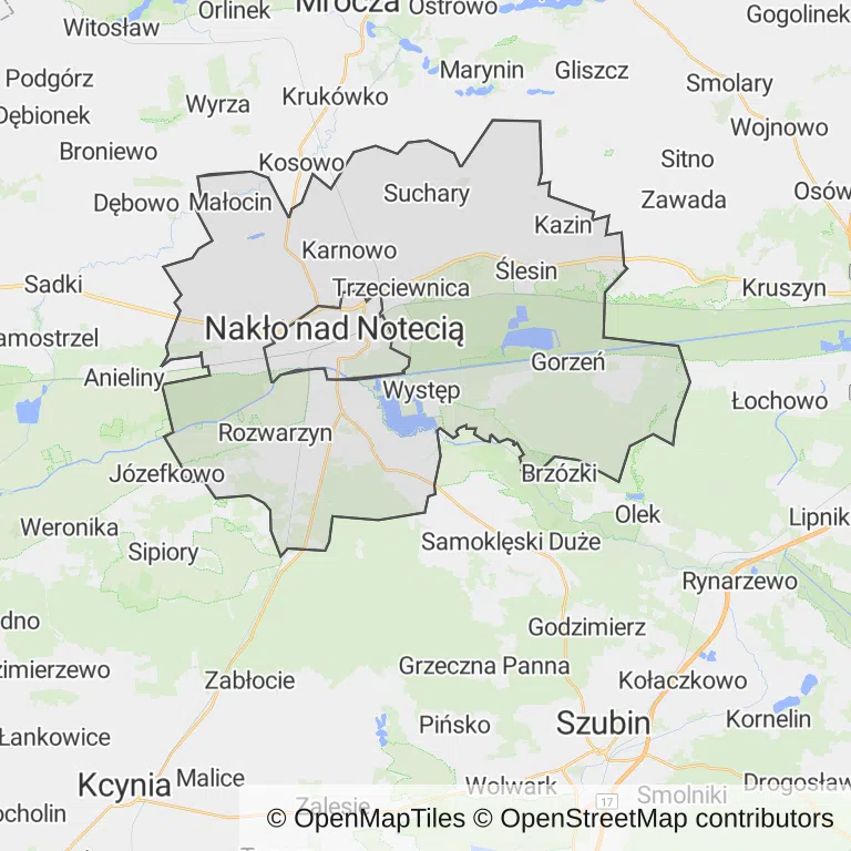 Mapa z zaznaczonym Nakle nad Notecią