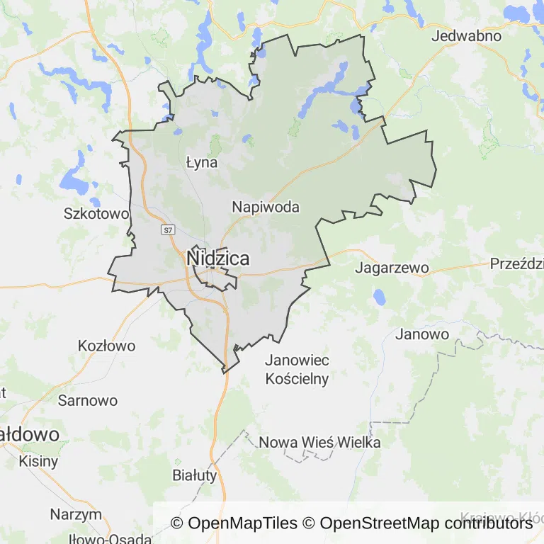 Mapa z zaznaczonym Nidzicy