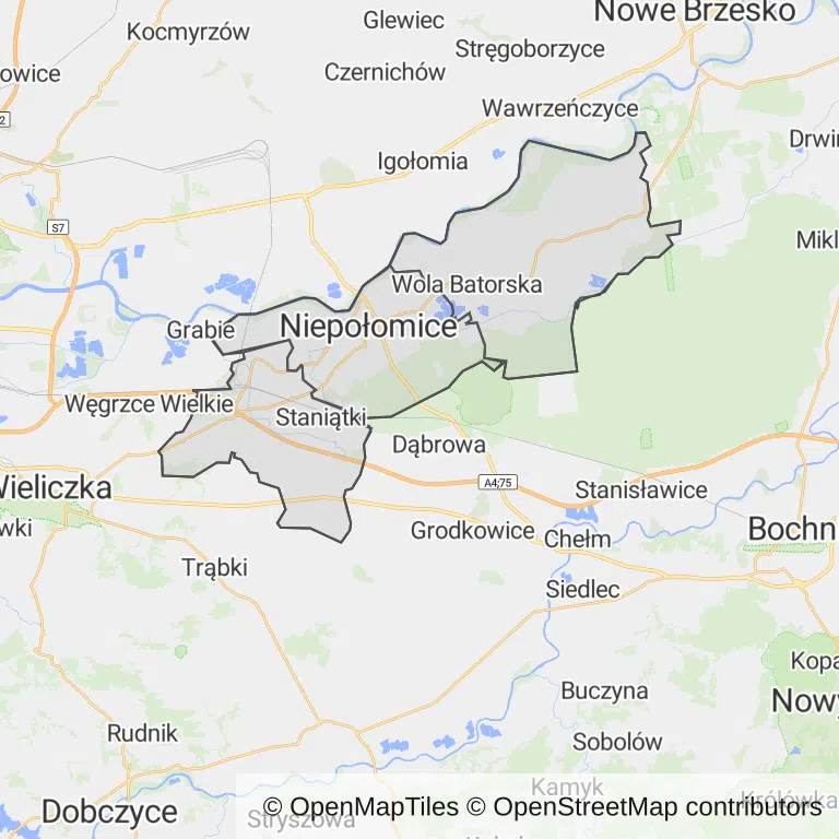 Mapa z zaznaczonymi Niepołomicami