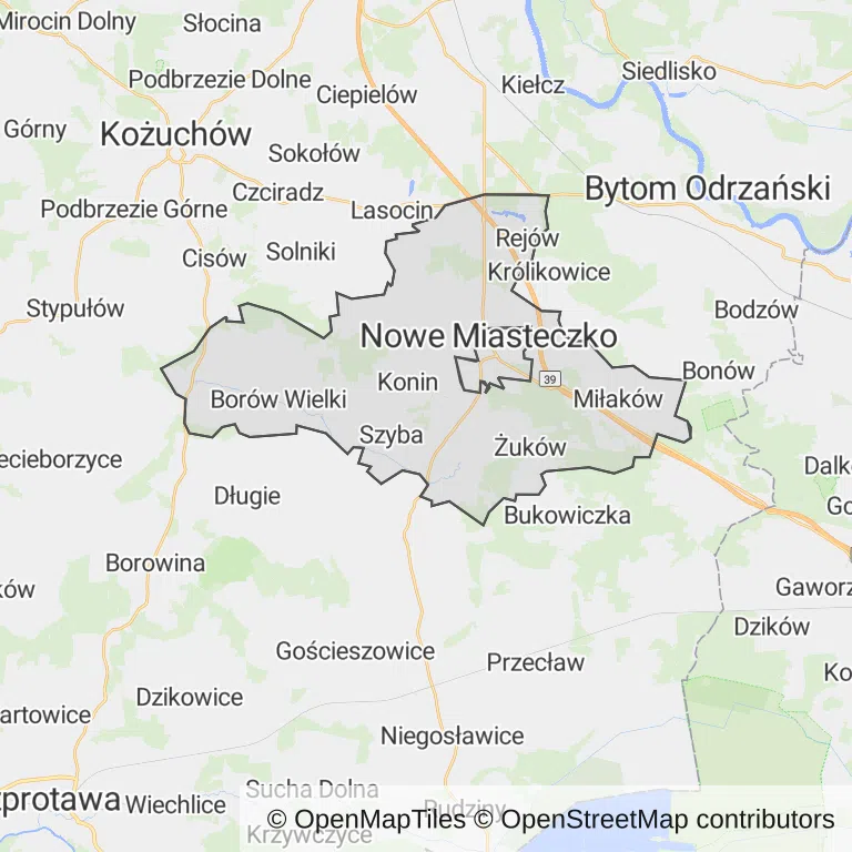 Mapa z zaznaczonym Nowym Miasteczkiem
