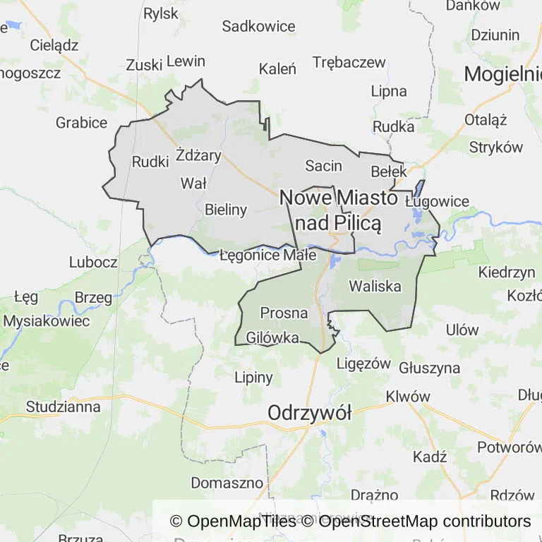 Mapa z zaznaczonym Nowym Mieście nad Pilicą