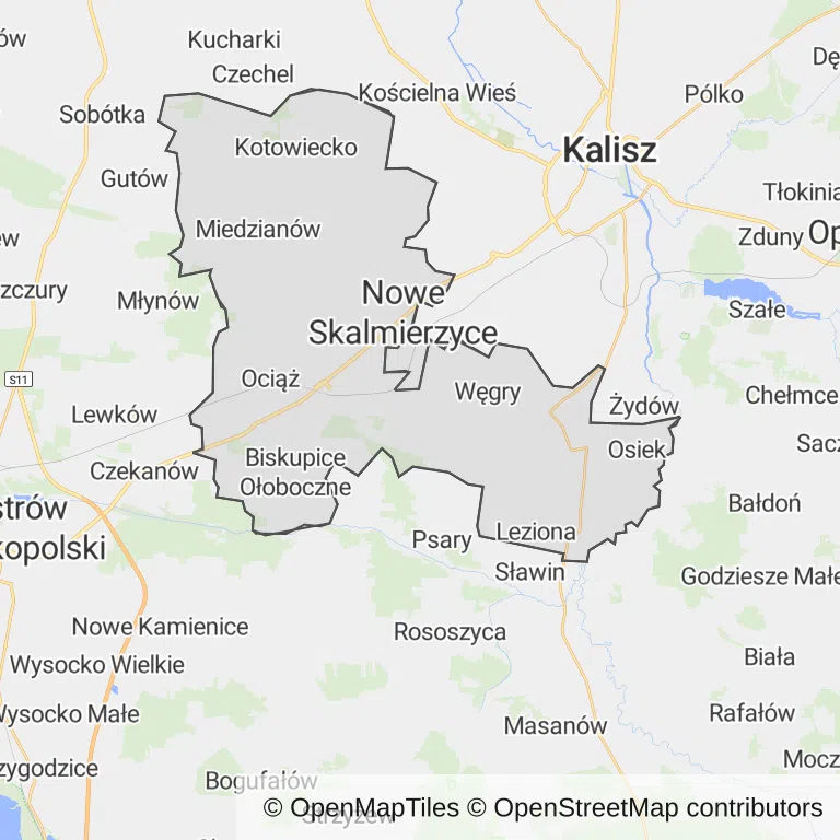 Mapa z zaznaczonymi Nowych Skalmierzycami