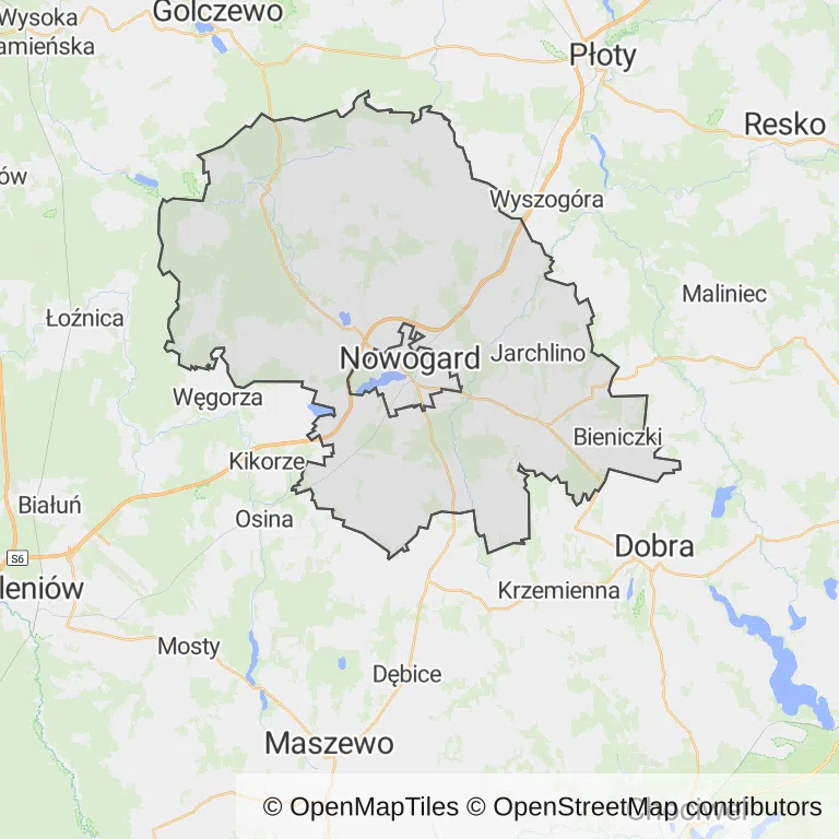 Mapa z zaznaczonym Nowogardzem