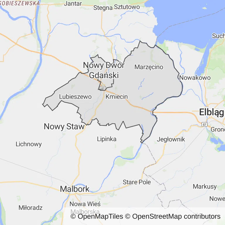 Mapa z zaznaczonym Nowym Dworze Gdańskim
