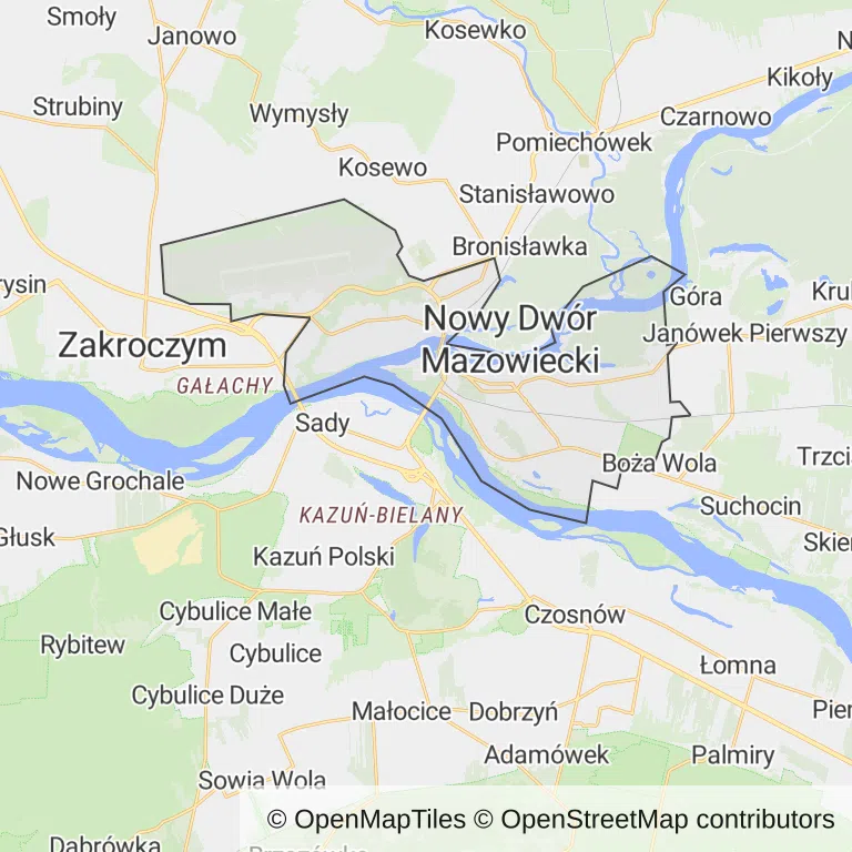 Mapa z zaznaczonym Nowym Dworze Mazowieckim