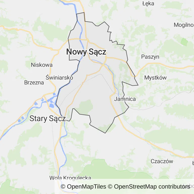 Mapa z zaznaczonym Nowym Sączem