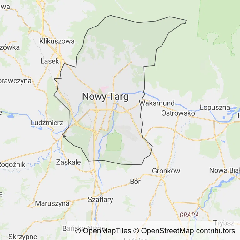 Mapa z zaznaczonym Nowym Targiem