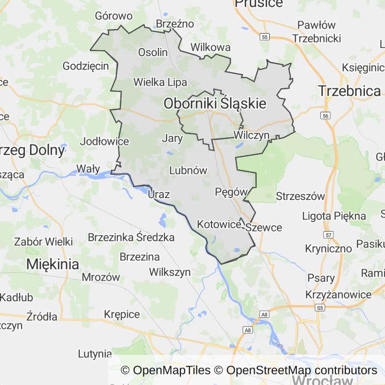 Mapa z zaznaczonym Obornikach Śląskich