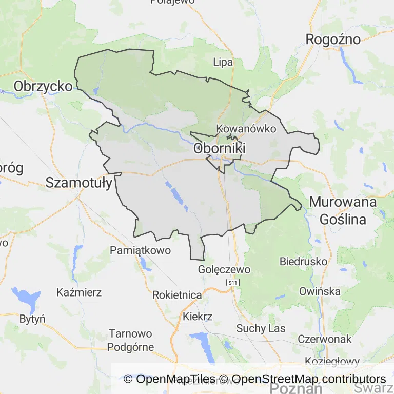 Mapa z zaznaczonym Obornikami