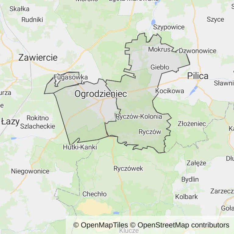 Mapa z zaznaczonym Ogrodzieńcu