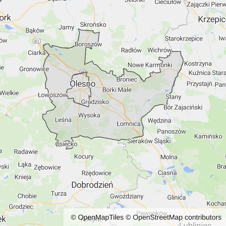 Mapa z zaznaczonym Oleśnem