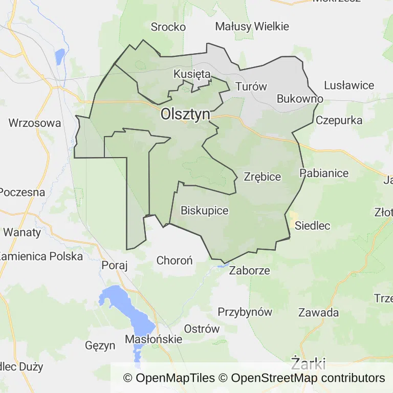 Mapa z zaznaczonym Olsztynem