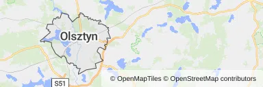 Mapa z zaznaczonym Olsztynem