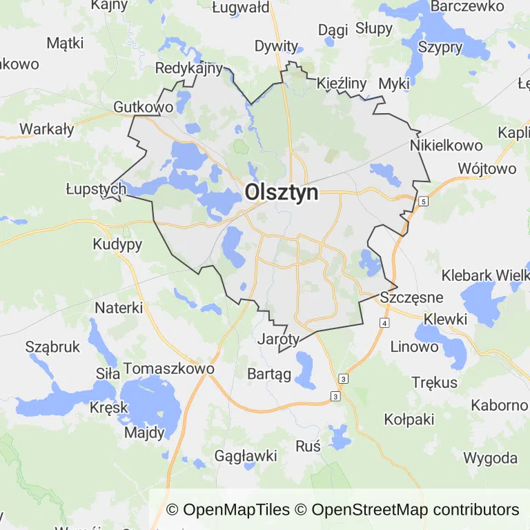Mapa z zaznaczonym Olsztynem