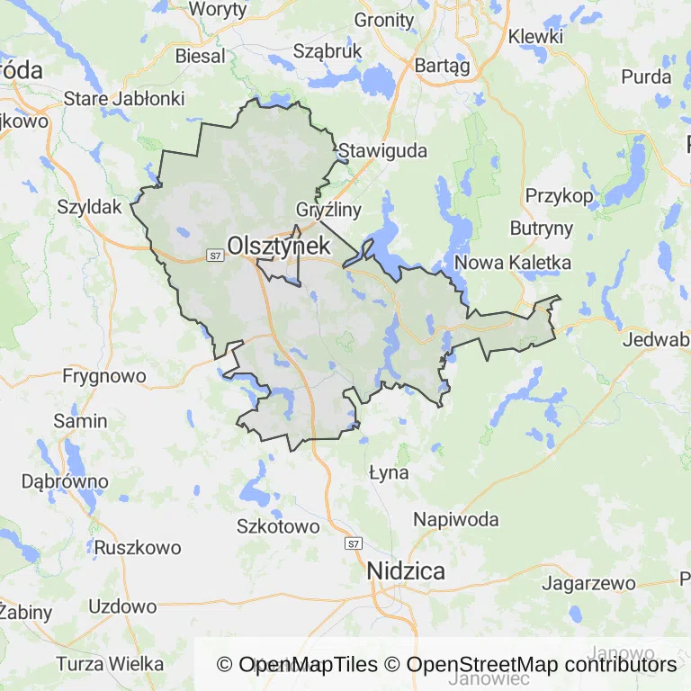 Mapa z zaznaczonym Olsztynkiem
