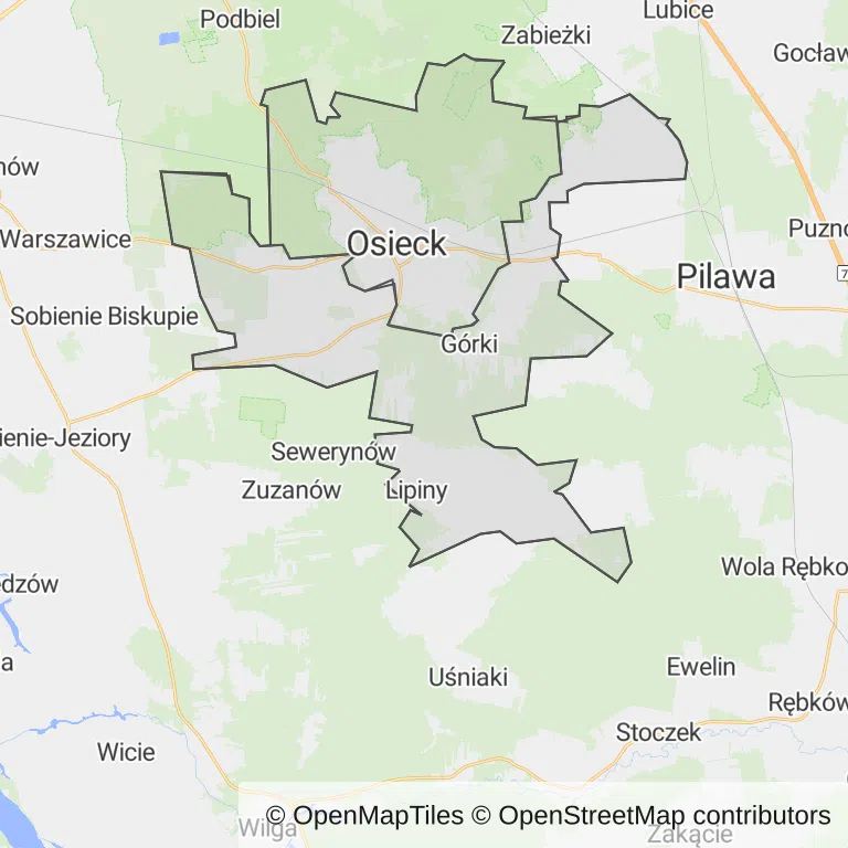 Mapa z zaznaczonym Osieckiem