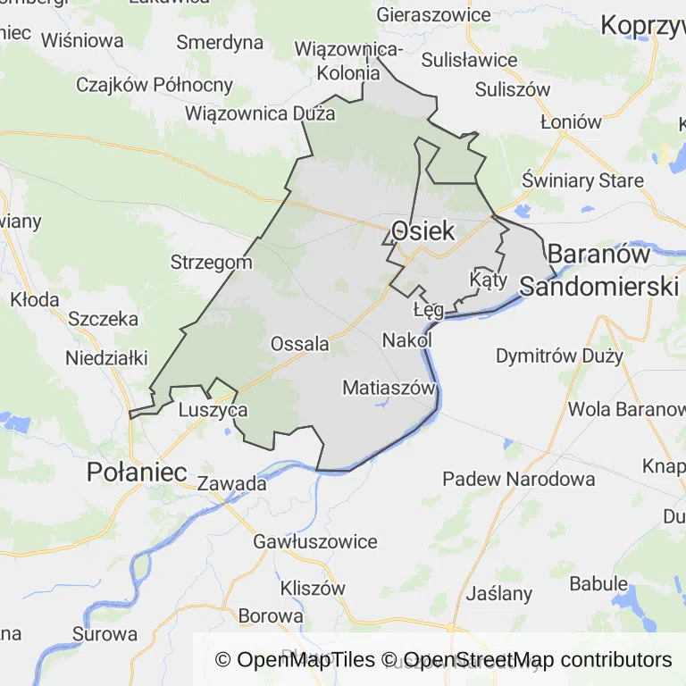 Mapa z zaznaczonym Osiekiem