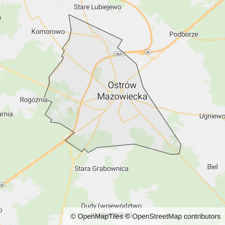 Mapa z zaznaczoną Ostrowi Mazowieckiej