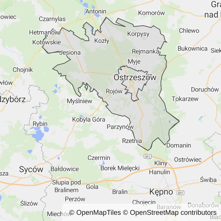 Mapa z zaznaczonym Ostrzeszowem