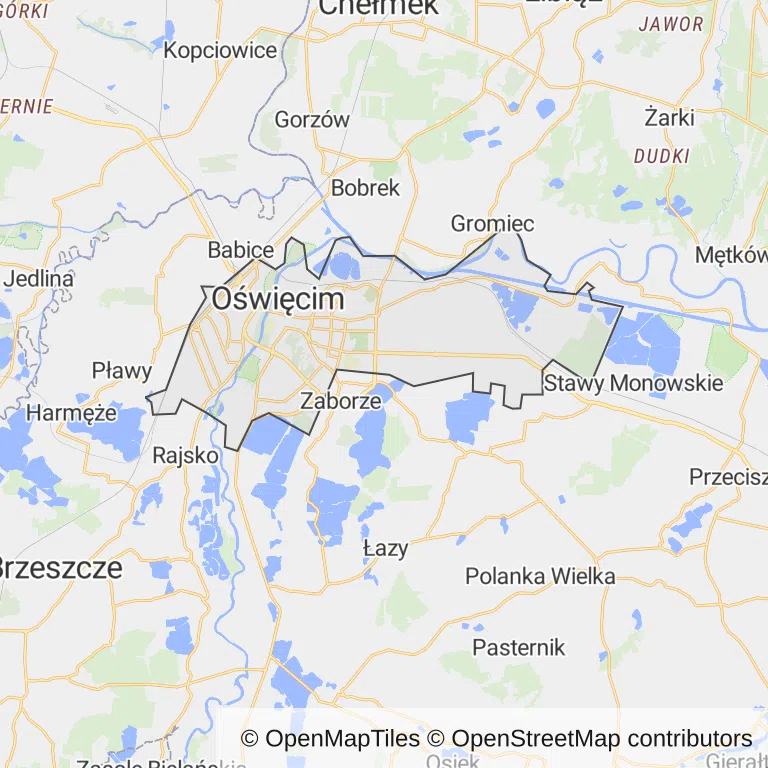 Mapa z zaznaczonym Oświęcimiu