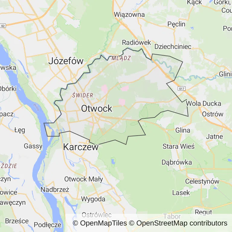 Mapa z zaznaczonym Otwockiem