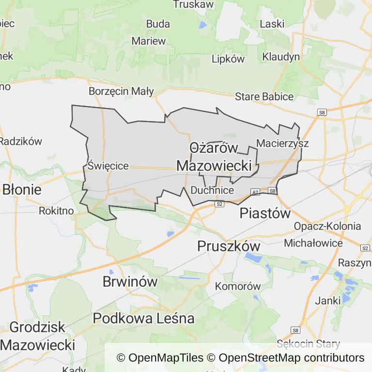Mapa z zaznaczonym Ożarowie Mazowieckim