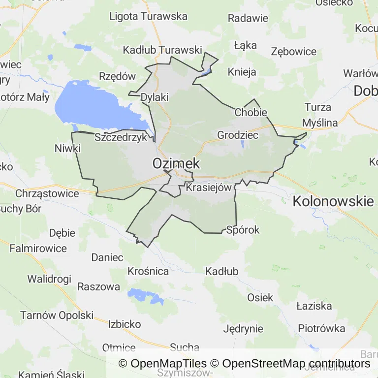 Mapa z zaznaczonym Ozimkiem