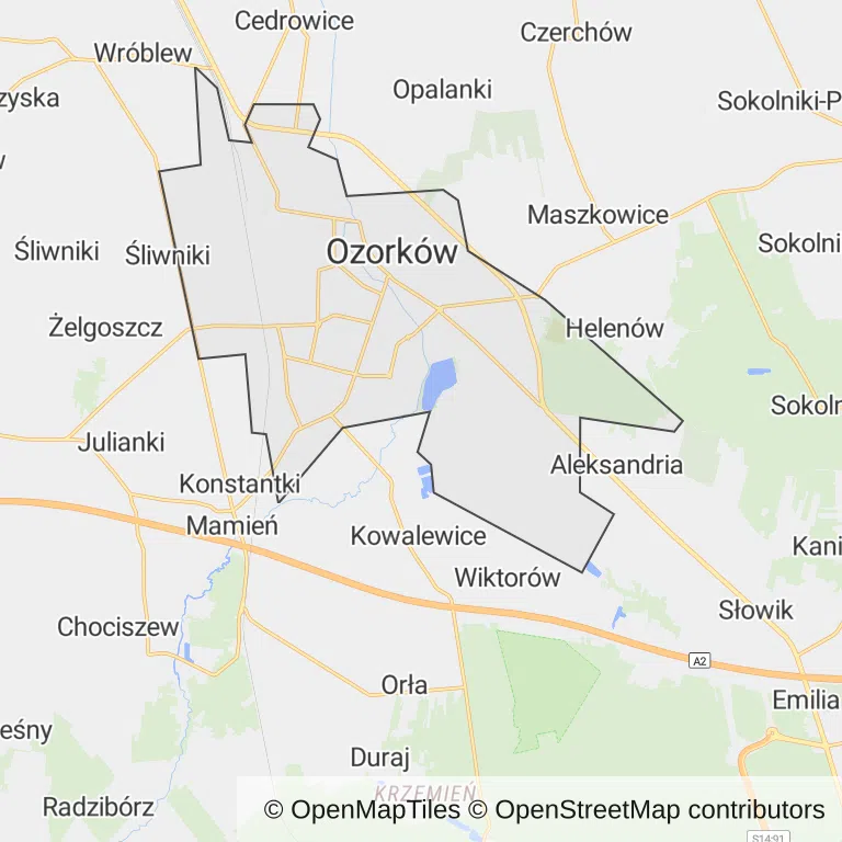 Mapa z zaznaczonym Ozorkowem