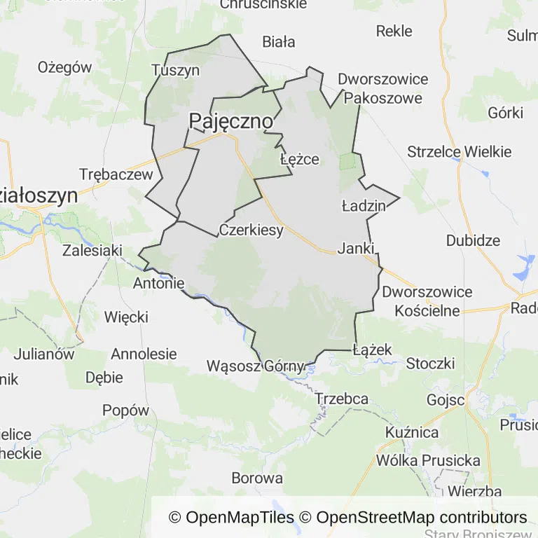 Mapa z zaznaczonym Pajęcznem