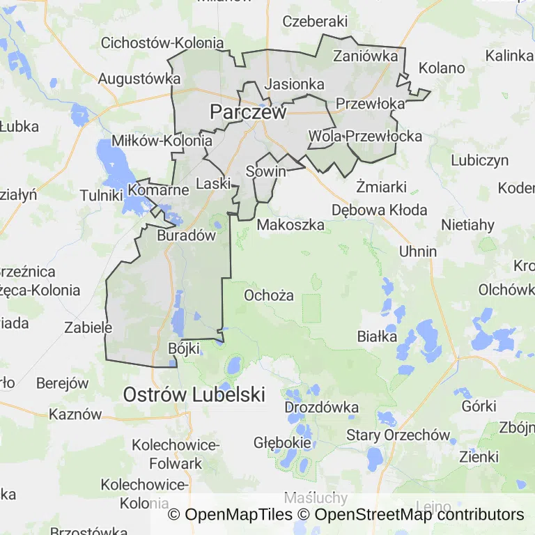 Mapa z zaznaczonym Parczewem