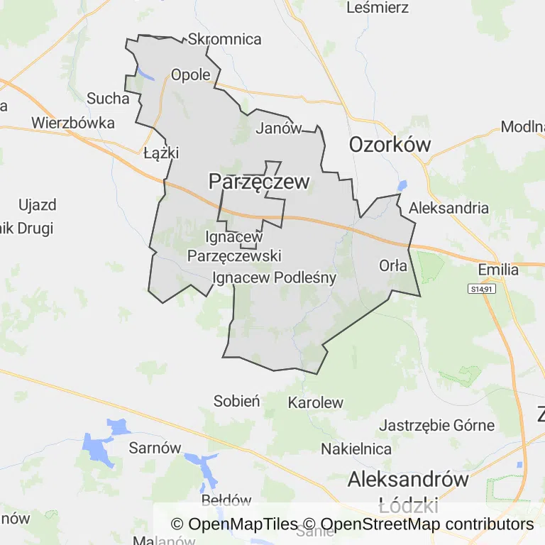 Mapa z zaznaczonym Parzęczewem