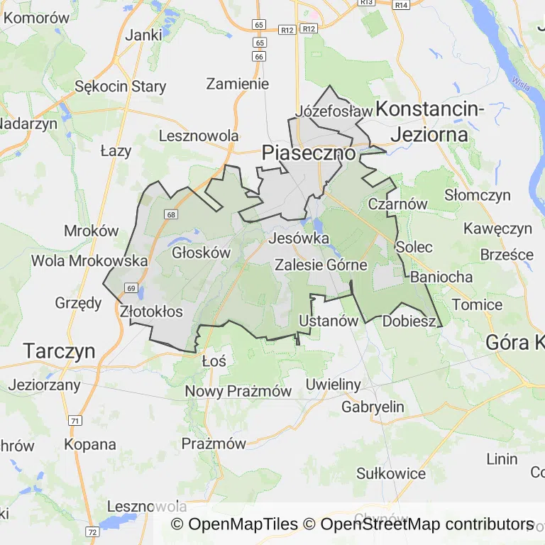 Mapa z zaznaczonym Piasecznem