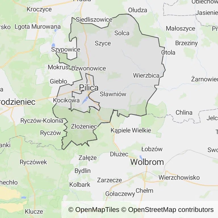 Mapa z zaznaczonym Pilicy