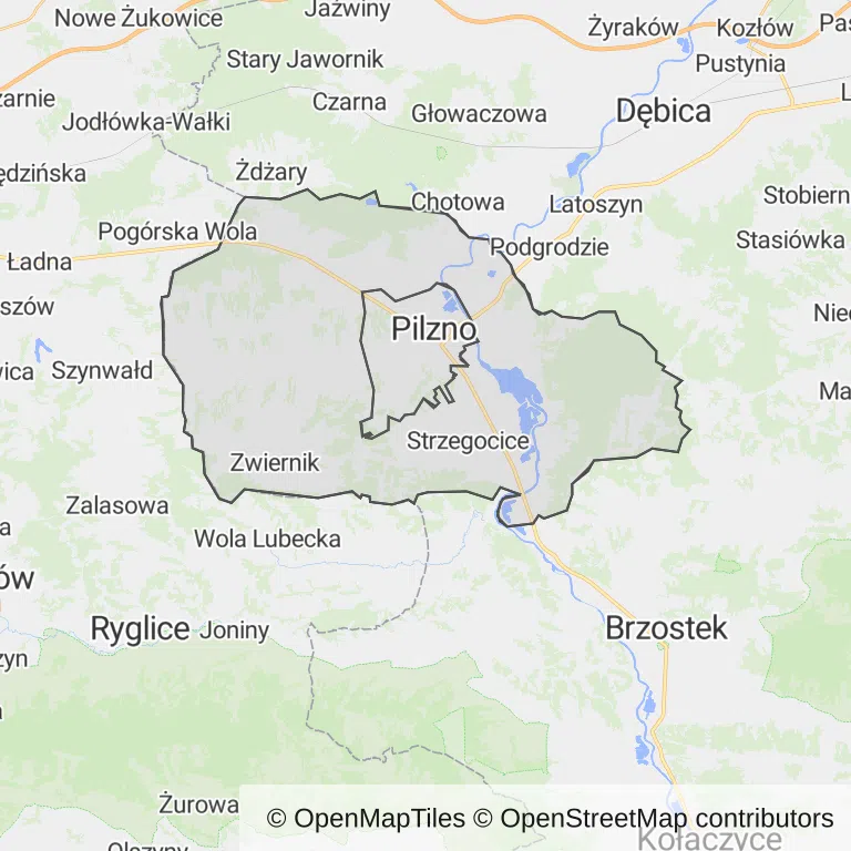 Mapa z zaznaczonym Pilźnem