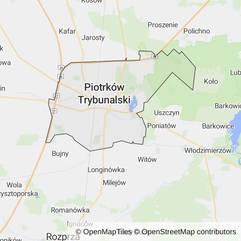 Mapa z zaznaczonym Piotrkowie Trybunalskim