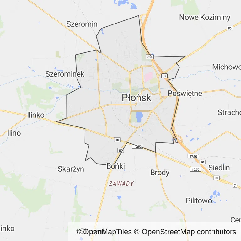 Mapa z zaznaczonym Płońskiem