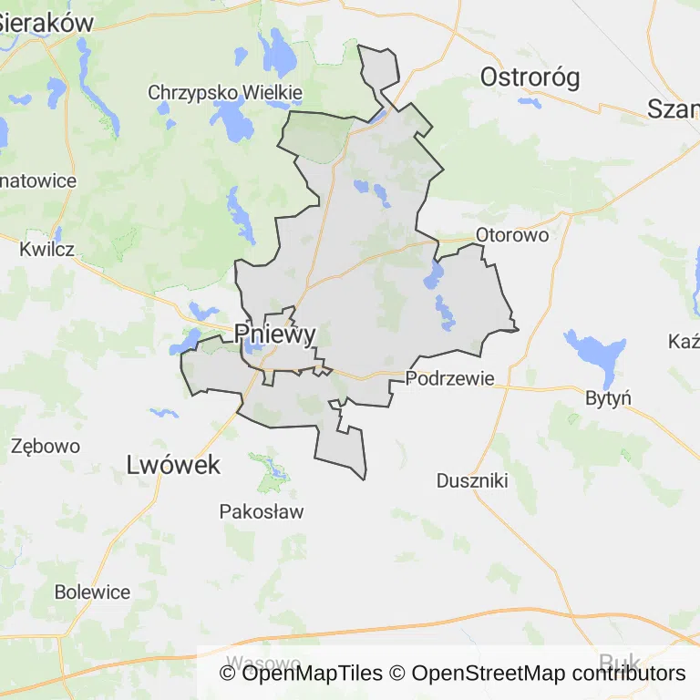 Mapa z zaznaczonym Pniewami