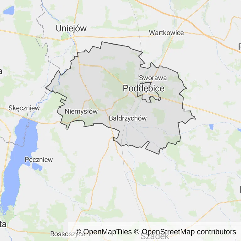 Mapa z zaznaczonymi Poddębicami