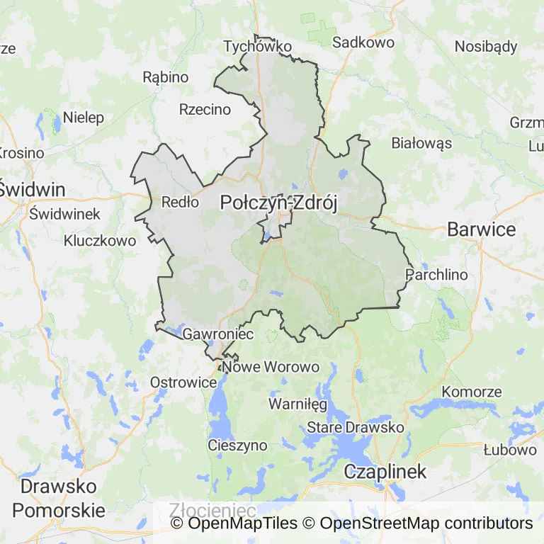 Mapa z zaznaczonym Połczynie-Zdroju