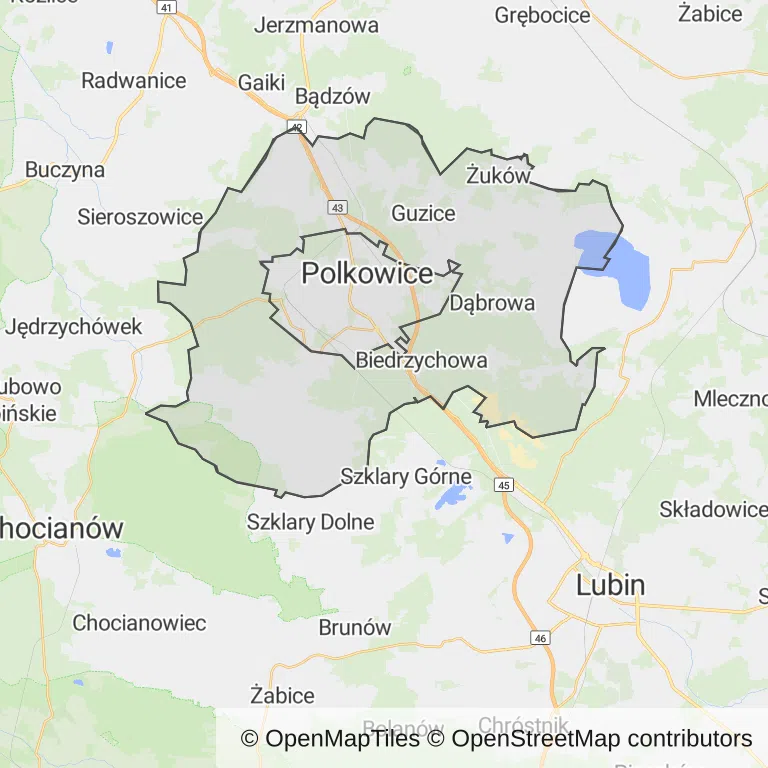 Mapa z zaznaczonymi Polkowicami