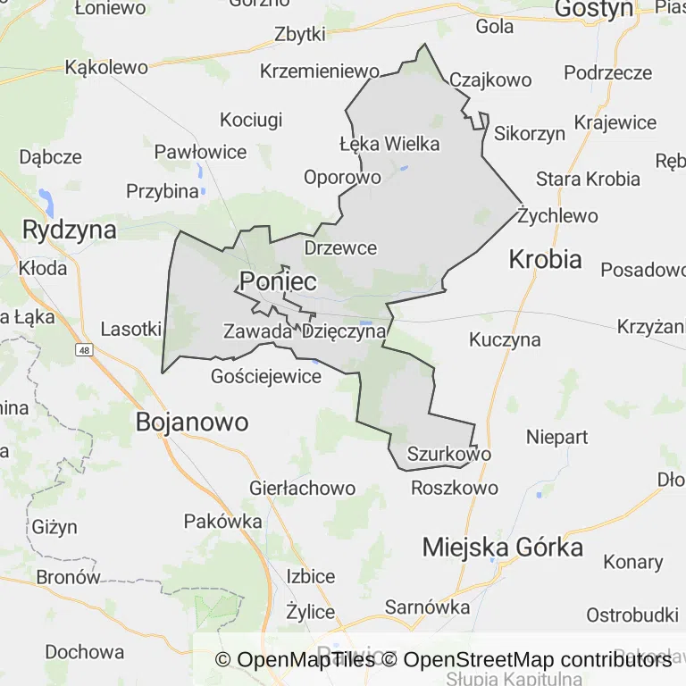 Mapa z zaznaczonym Poniecu