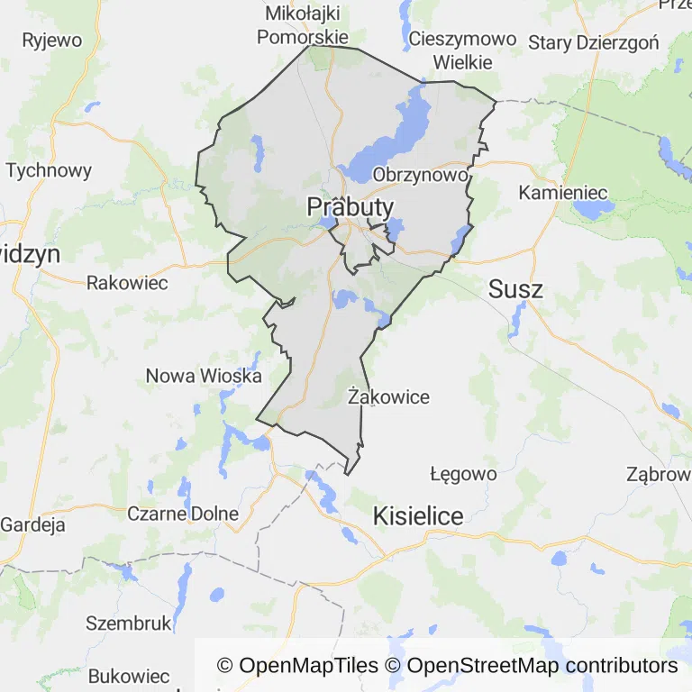 Mapa z zaznaczonym Prabutami