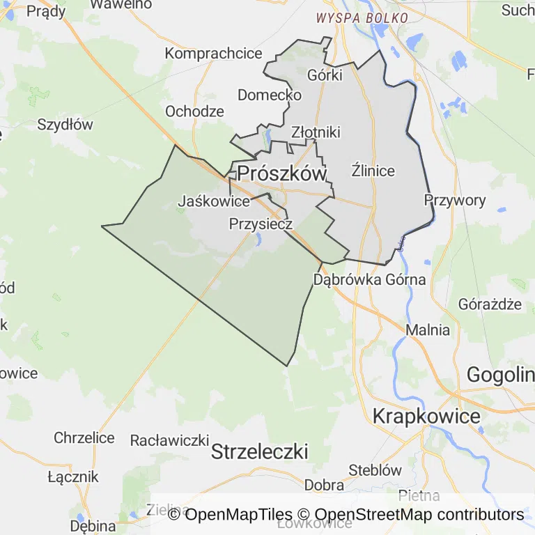 Mapa z zaznaczonym Prószkowem