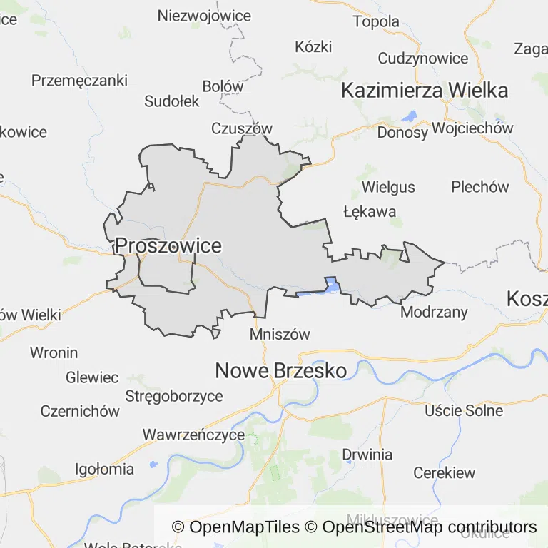 Mapa z zaznaczonymi Proszowicami
