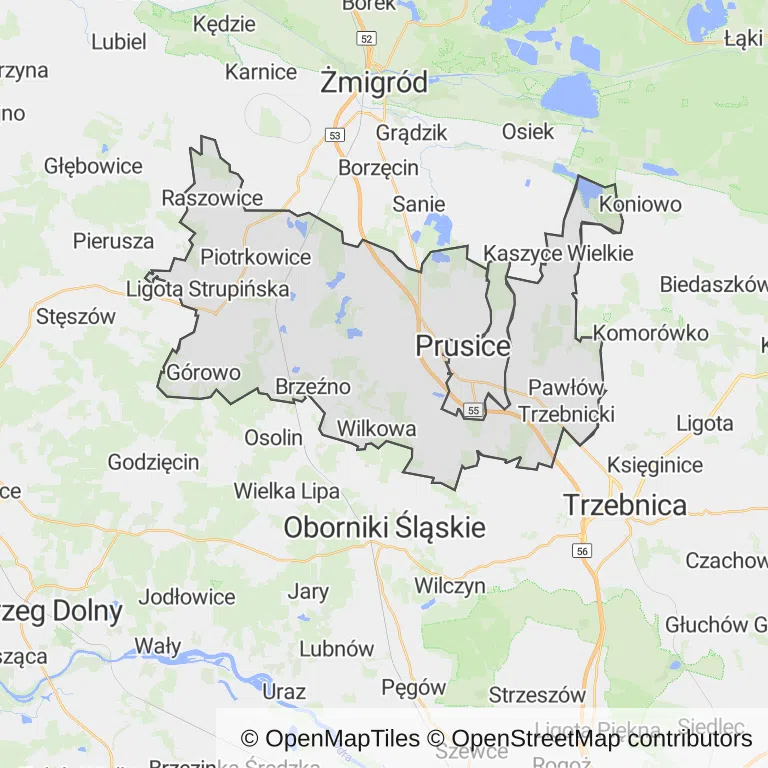 Mapa z zaznaczonymi Prusicami