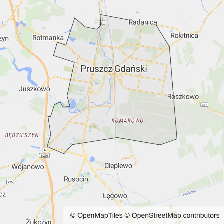 Mapa z zaznaczonym Pruszczu Gdańskim